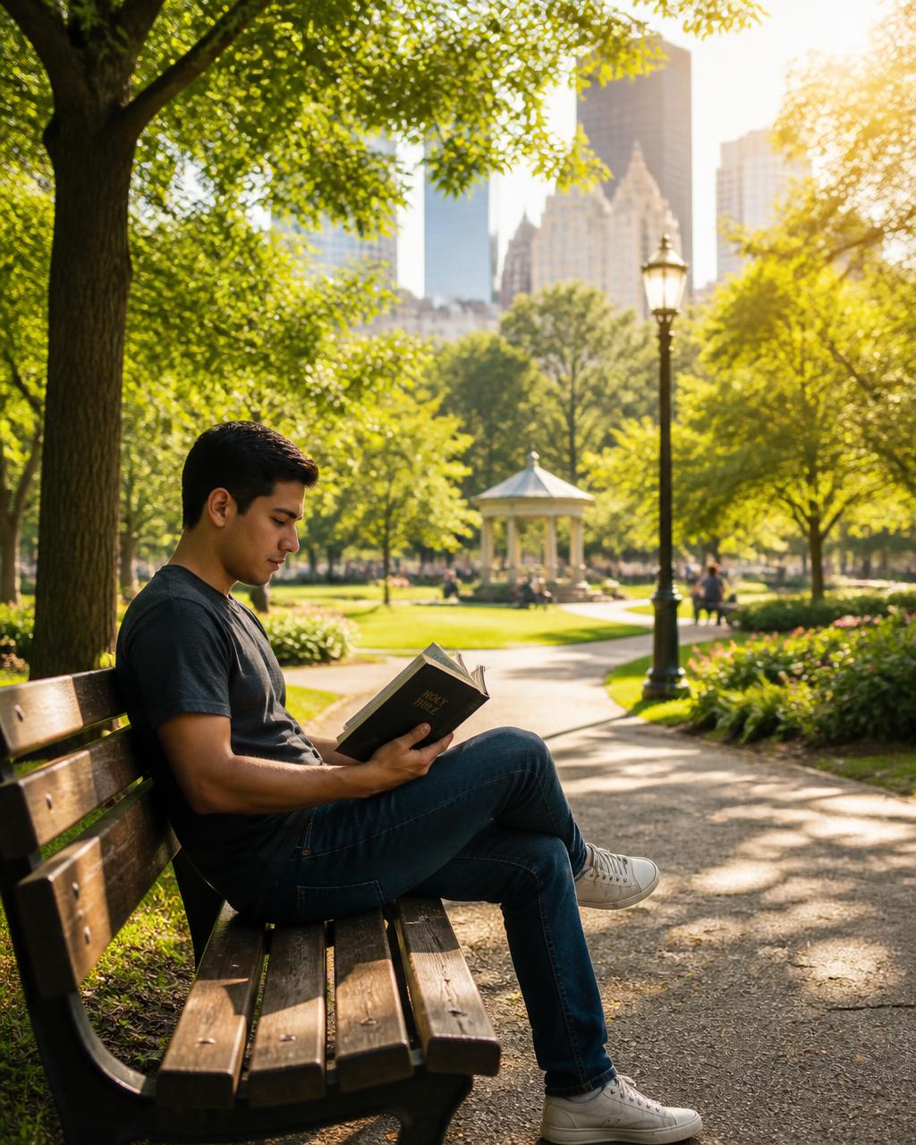 A person reading the Bible on a sunny park bench surrounded by green trees